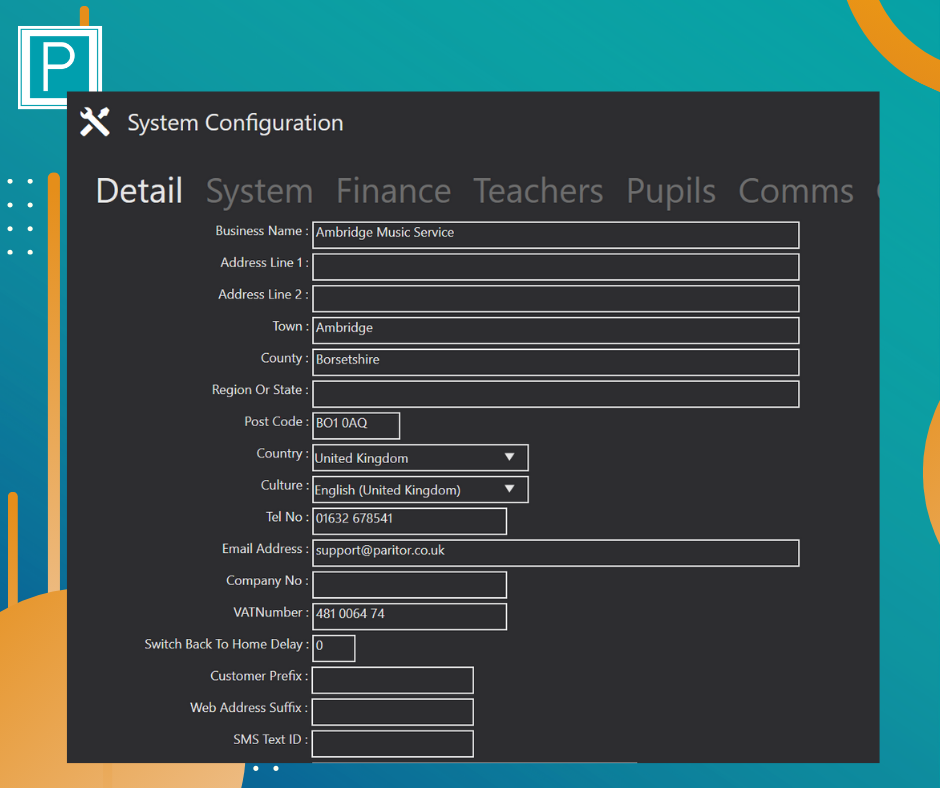 This is an image of the Details tab from the System Configuration Menu. Here a businesses main contact details are stored. Fields include; address, contact number, email address, logo.