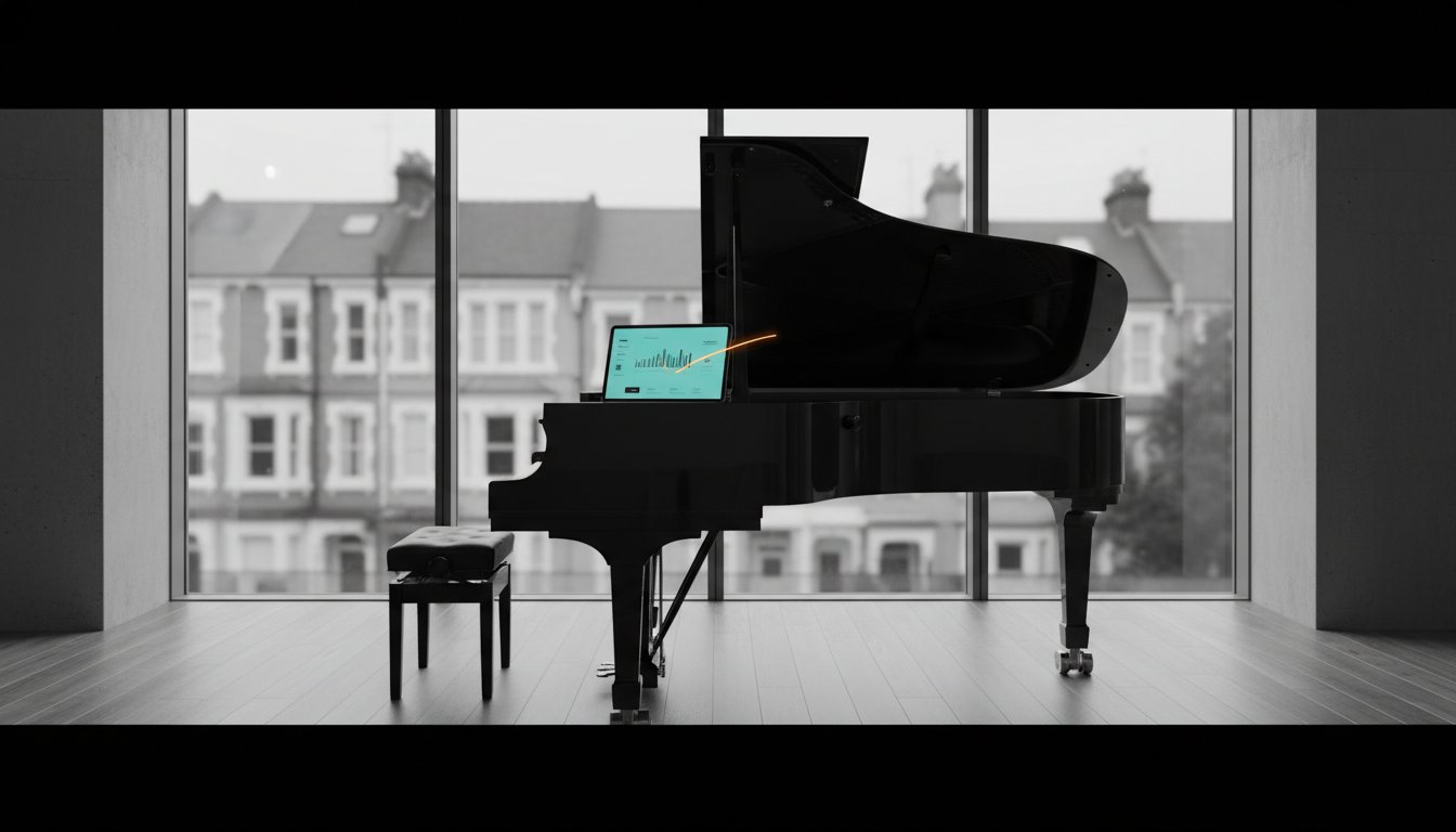 A grand piano in a bright practice room