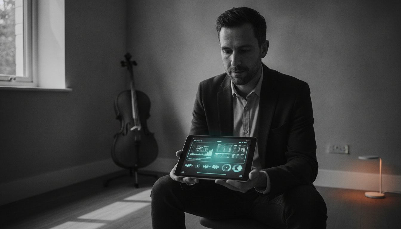 A music tutor holding a tablet, with a cello behind him