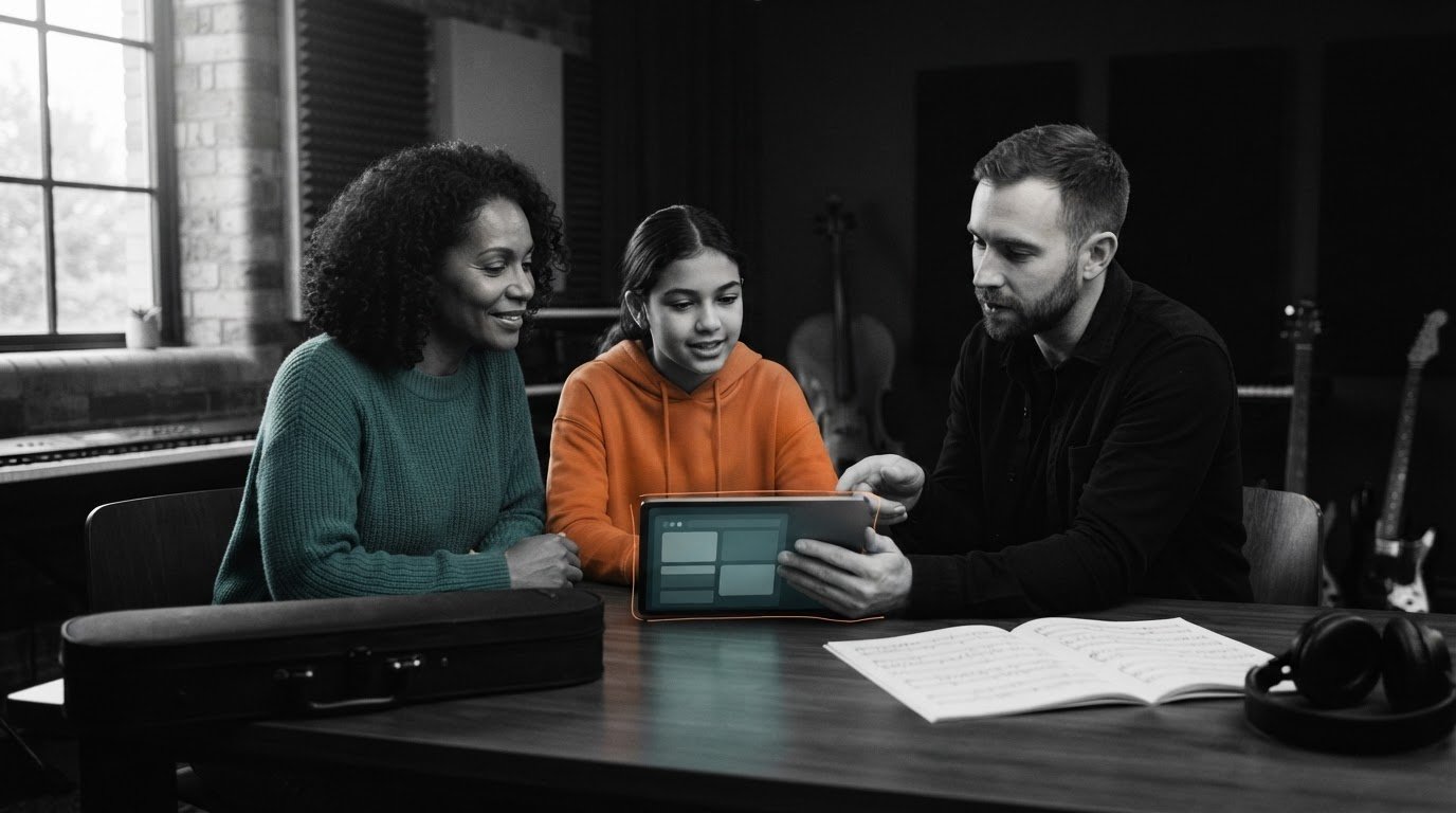 A teacher, a parent and a pupil looking at a tablet together