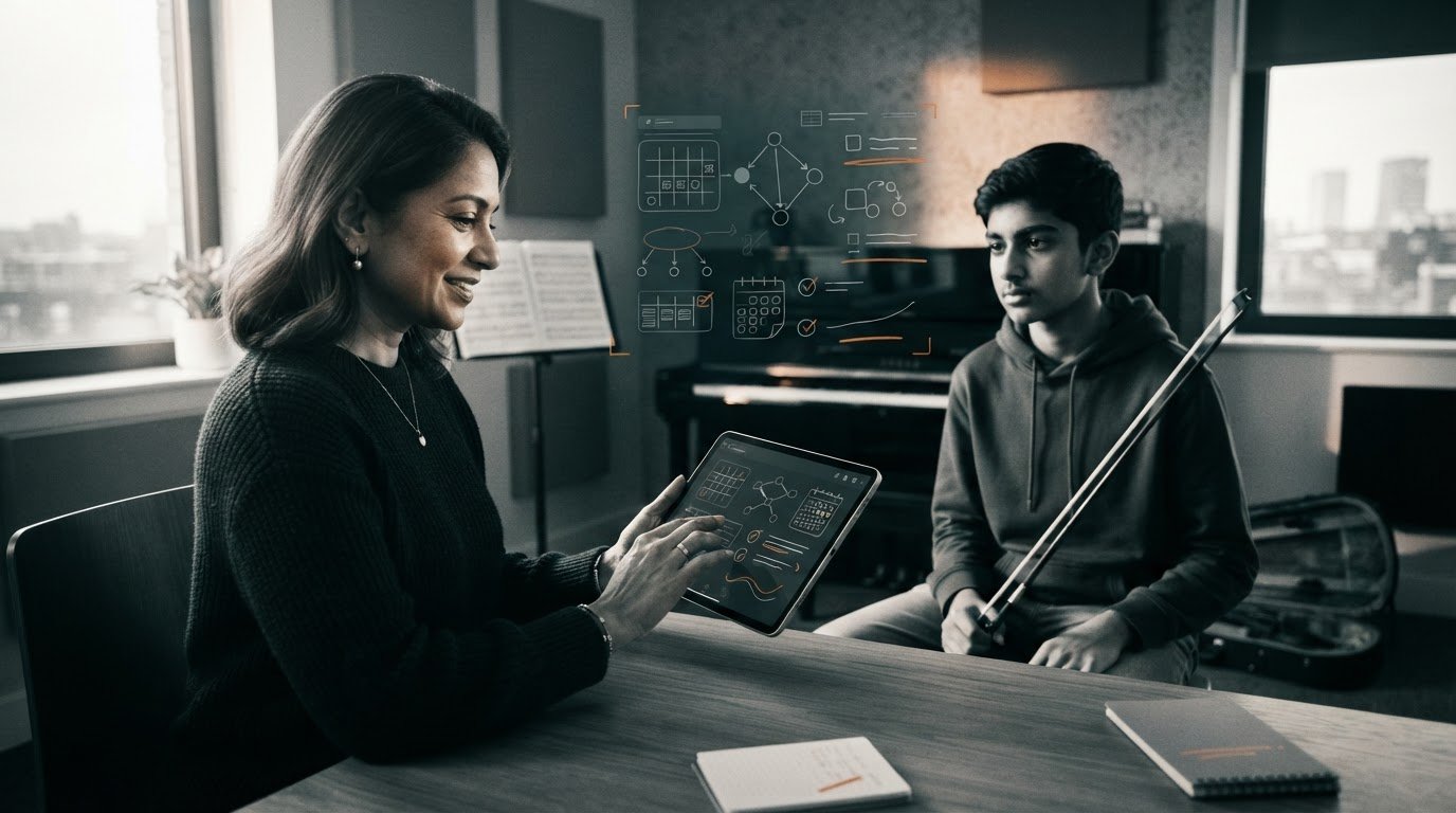 A tutor with a tablet and a pupil holding a violin