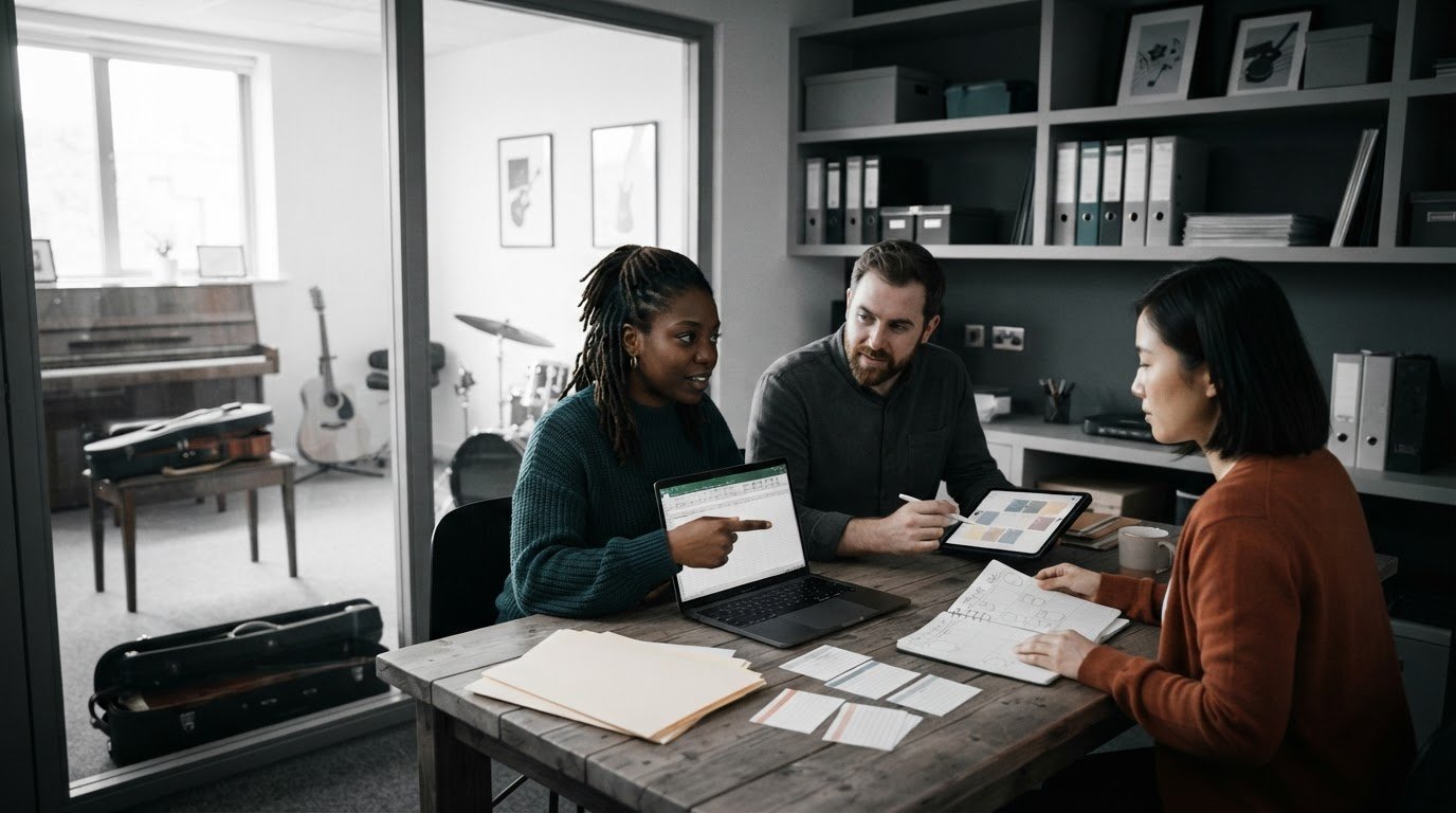 A small music school team planning together around a table