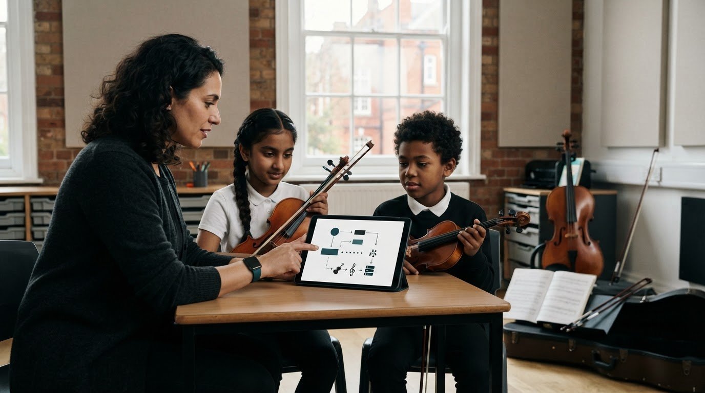 A music teacher with two young violinists, looking at a tablet together