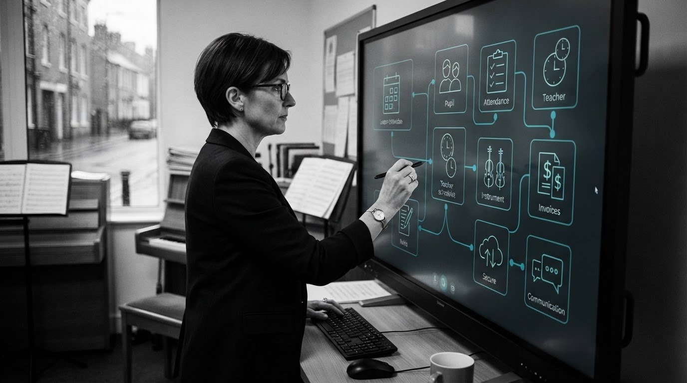 A music service manager planning at a digital whiteboard
